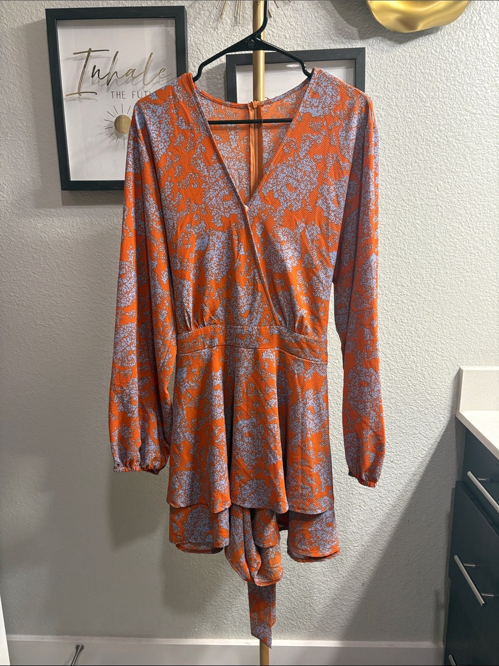 Orange Floral V-Neck Long Sleeve Romper